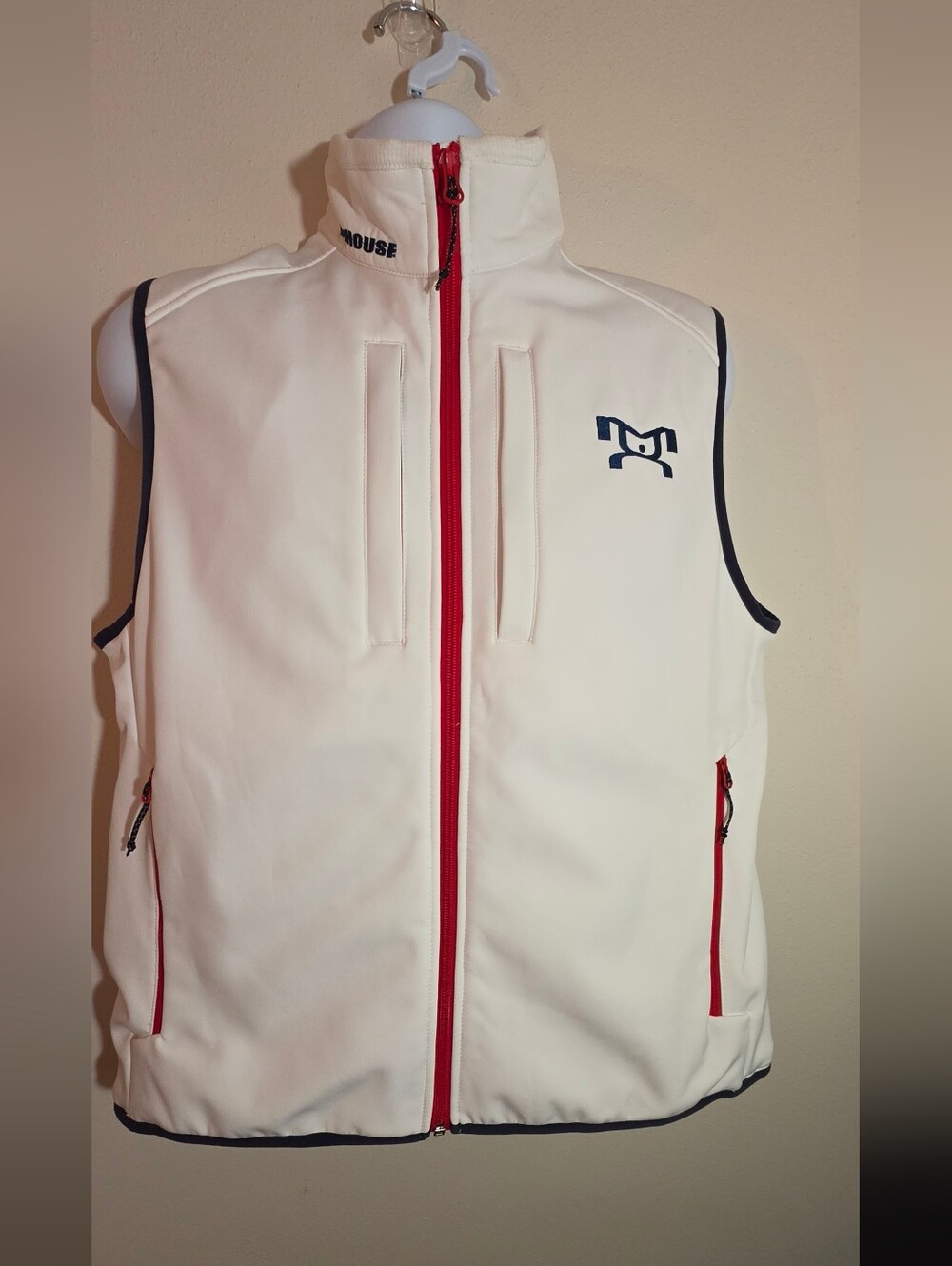 Men's White Performance Vest with Red Zipper and Navy Trim by House